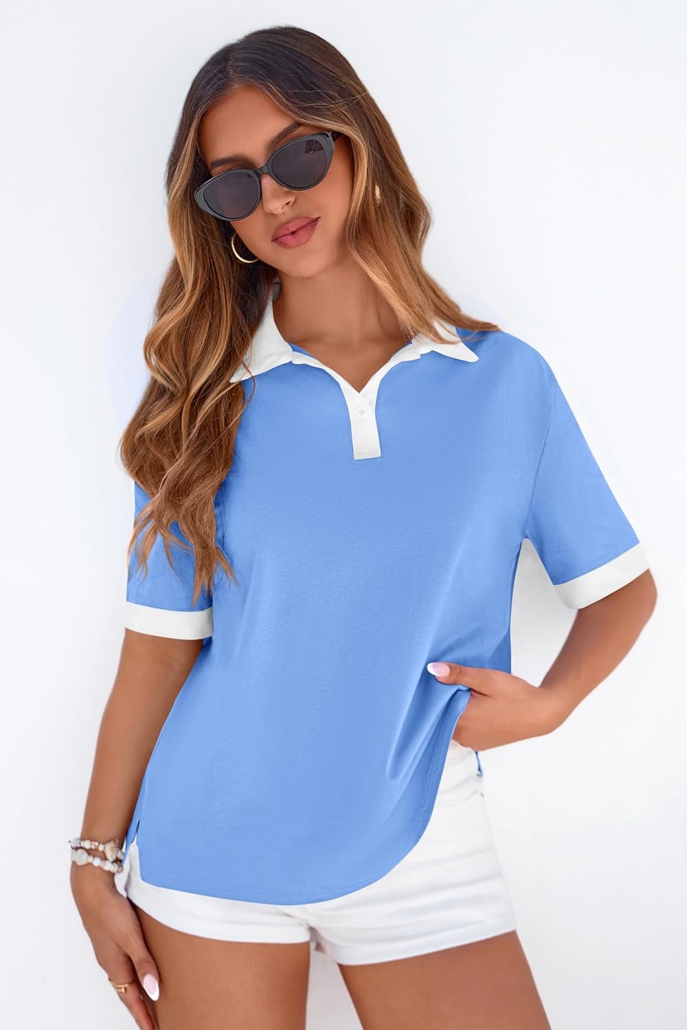 image:imagePRETTYGARDEN Summer Short Sleeve Polo Shirts for Women Collared V Neck Work Dressy Tops Knit Loose Business Casual OutfitsSky Blue
