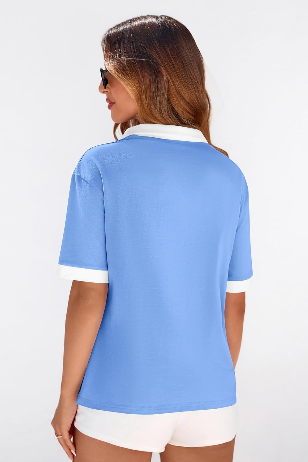 image:imagePRETTYGARDEN Summer Short Sleeve Polo Shirts for Women Collared V Neck Work Dressy Tops Knit Loose Business Casual OutfitsSky Blue