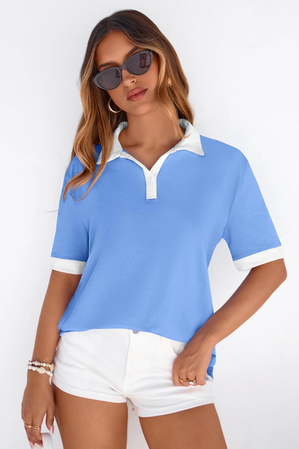 image:imagePRETTYGARDEN Summer Short Sleeve Polo Shirts for Women Collared V Neck Work Dressy Tops Knit Loose Business Casual OutfitsSky Blue