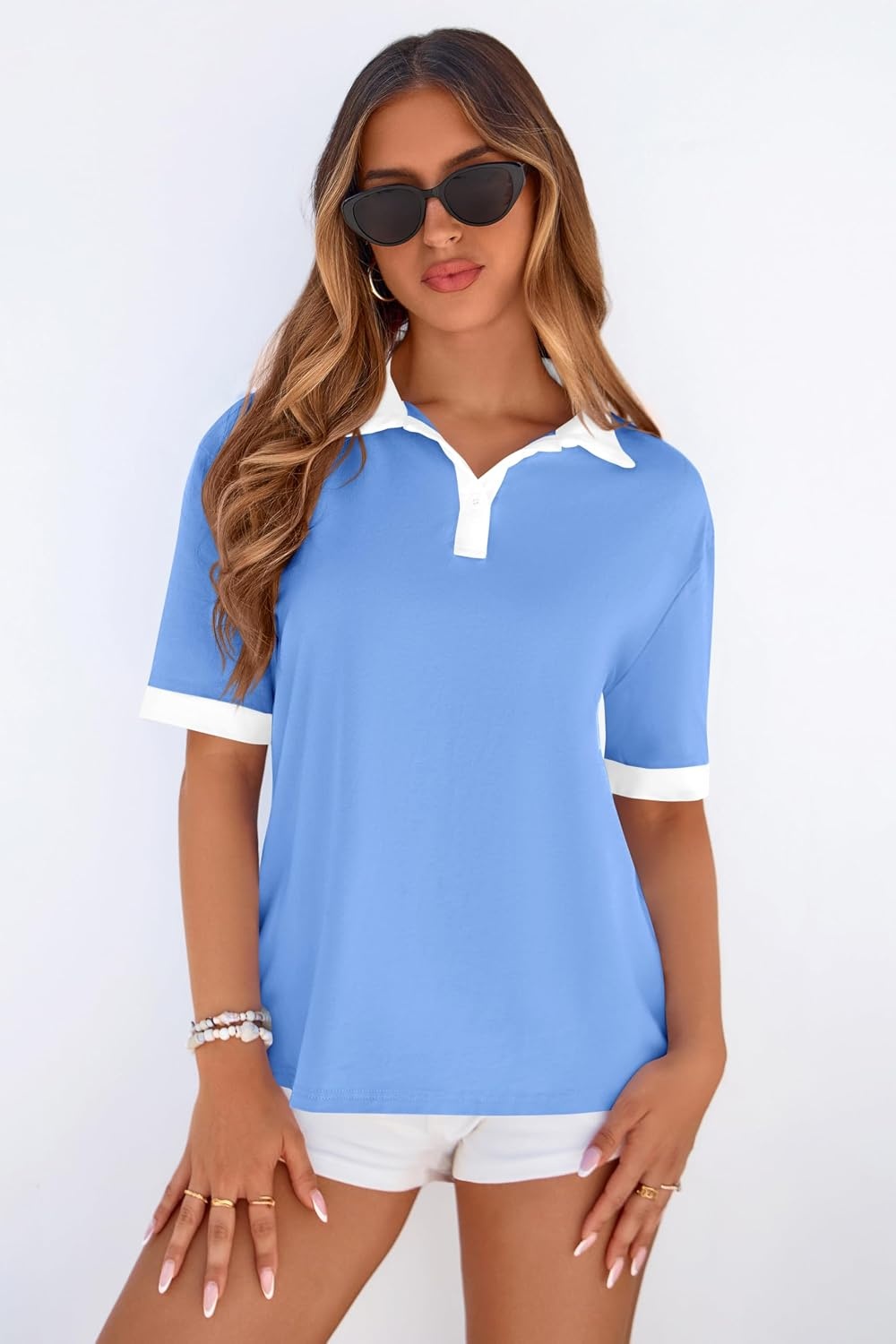 image:imagePRETTYGARDEN Summer Short Sleeve Polo Shirts for Women Collared V Neck Work Dressy Tops Knit Loose Business Casual OutfitsSky Blue