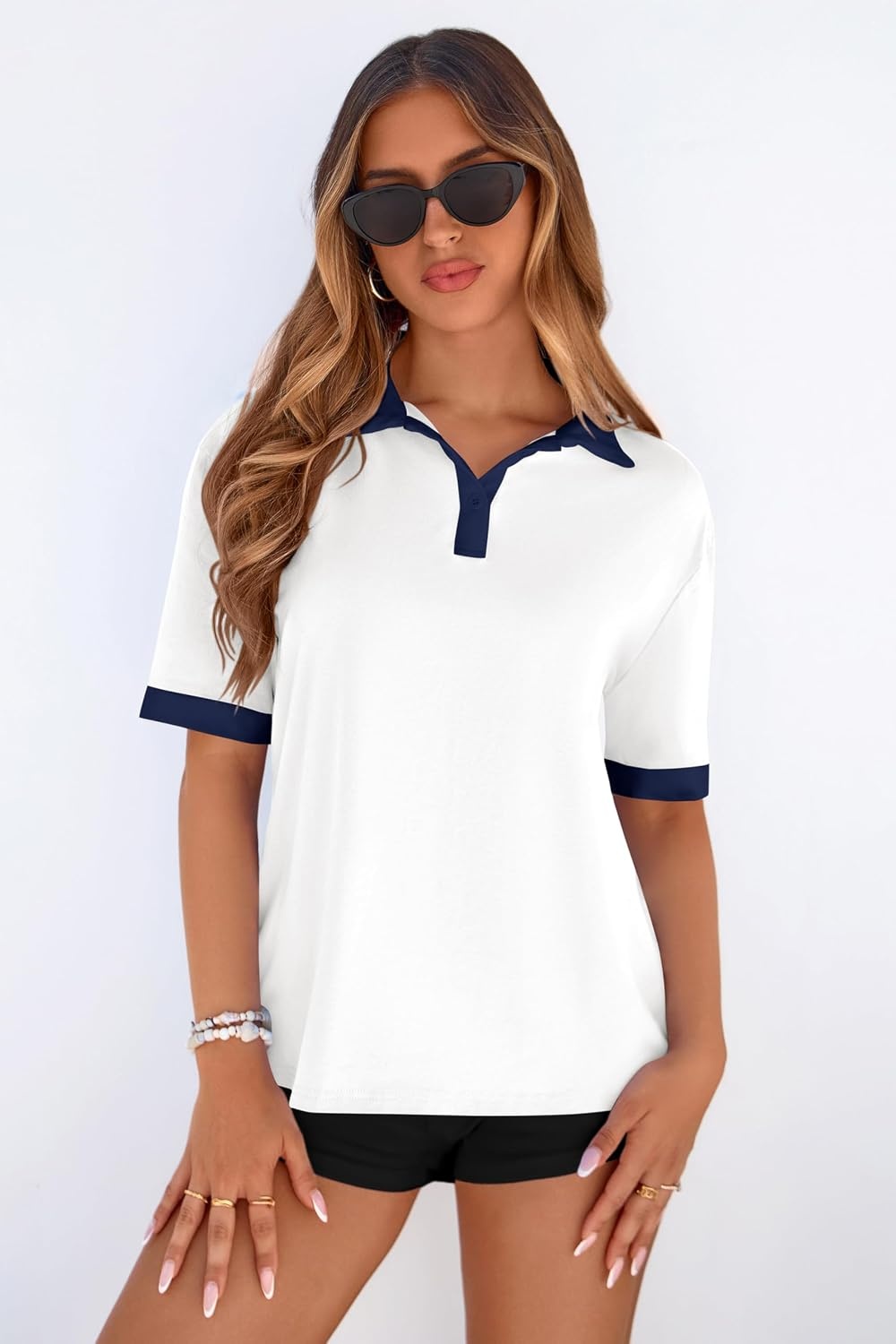 image:imagePRETTYGARDEN Summer Short Sleeve Polo Shirts for Women Collared V Neck Work Dressy Tops Knit Loose Business Casual OutfitsWhite