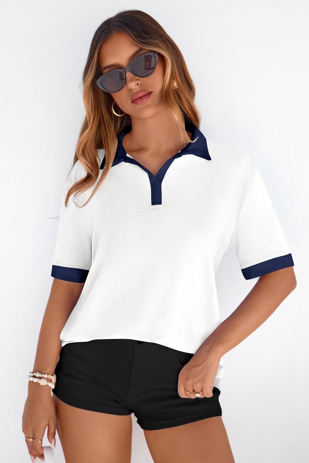 image:imagePRETTYGARDEN Summer Short Sleeve Polo Shirts for Women Collared V Neck Work Dressy Tops Knit Loose Business Casual OutfitsWhite