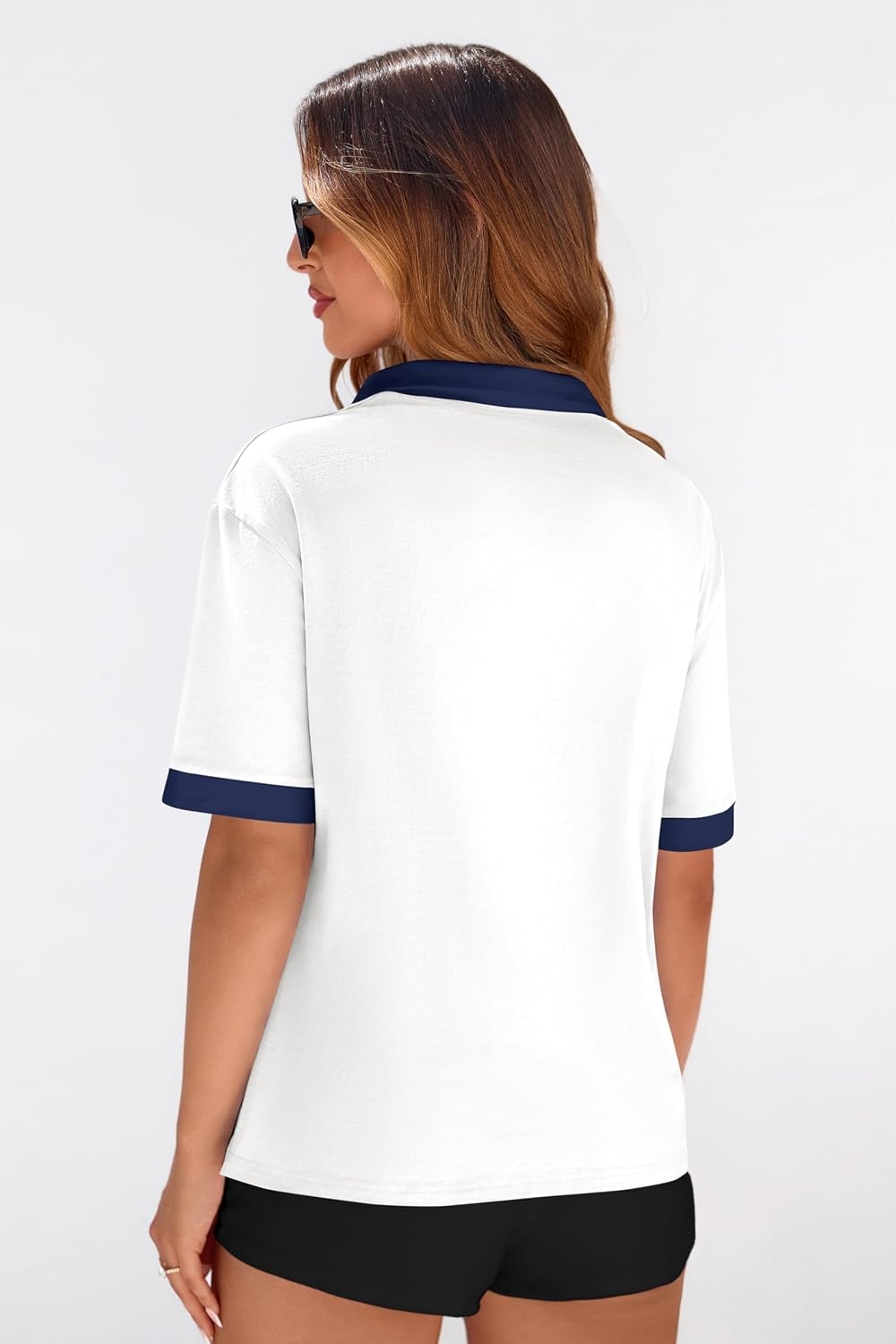 image:imagePRETTYGARDEN Summer Short Sleeve Polo Shirts for Women Collared V Neck Work Dressy Tops Knit Loose Business Casual OutfitsWhite