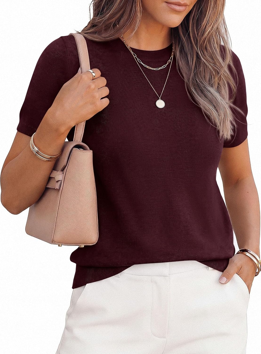 image:imagePRETTYGARDEN Womens Short Sleeve Sweaters 2026 Spring Crew Neck Knit Work Shirts Business Casual Tops Summer Fashion ClothesDark Burgundy
