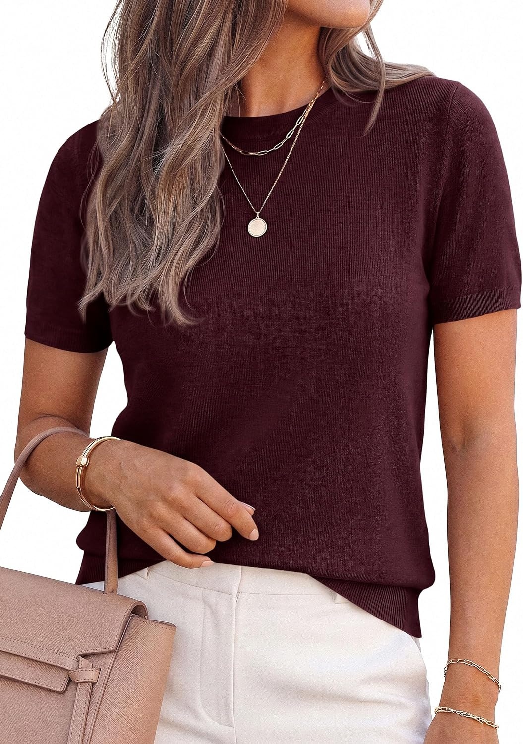 image:imagePRETTYGARDEN Womens Short Sleeve Sweaters 2026 Spring Crew Neck Knit Work Shirts Business Casual Tops Summer Fashion ClothesDark Burgundy