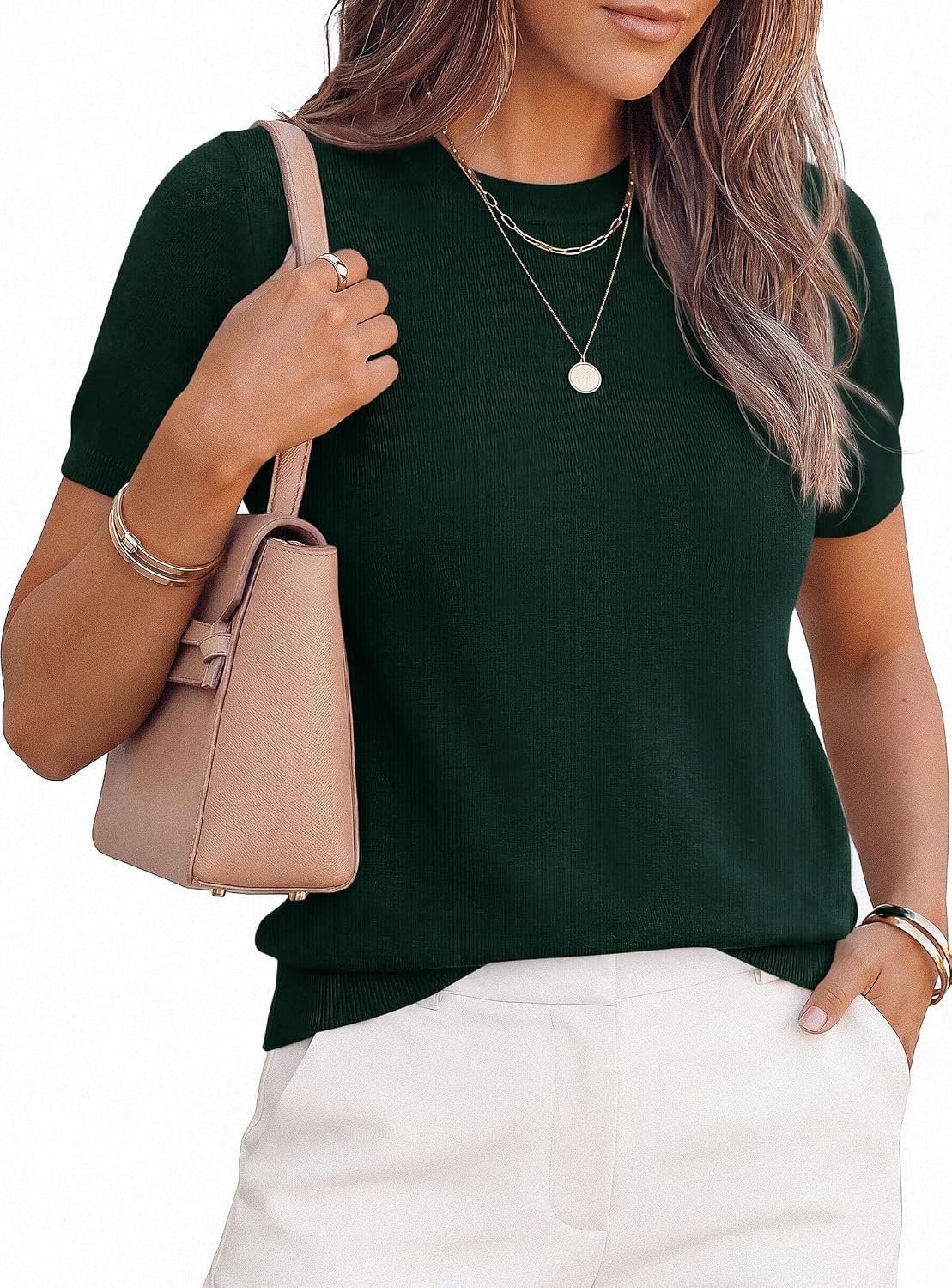 image:imagePRETTYGARDEN Womens Short Sleeve Sweaters 2026 Spring Crew Neck Knit Work Shirts Business Casual Tops Summer Fashion ClothesDark Green