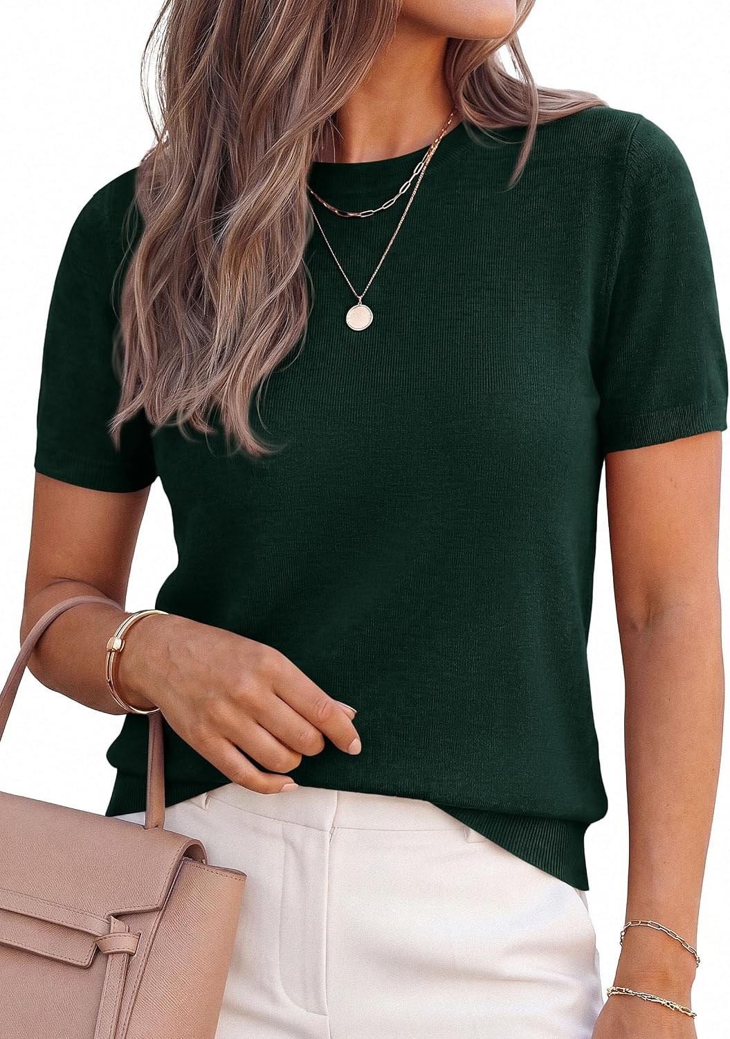 image:imagePRETTYGARDEN Womens Short Sleeve Sweaters 2026 Spring Crew Neck Knit Work Shirts Business Casual Tops Summer Fashion ClothesDark Green