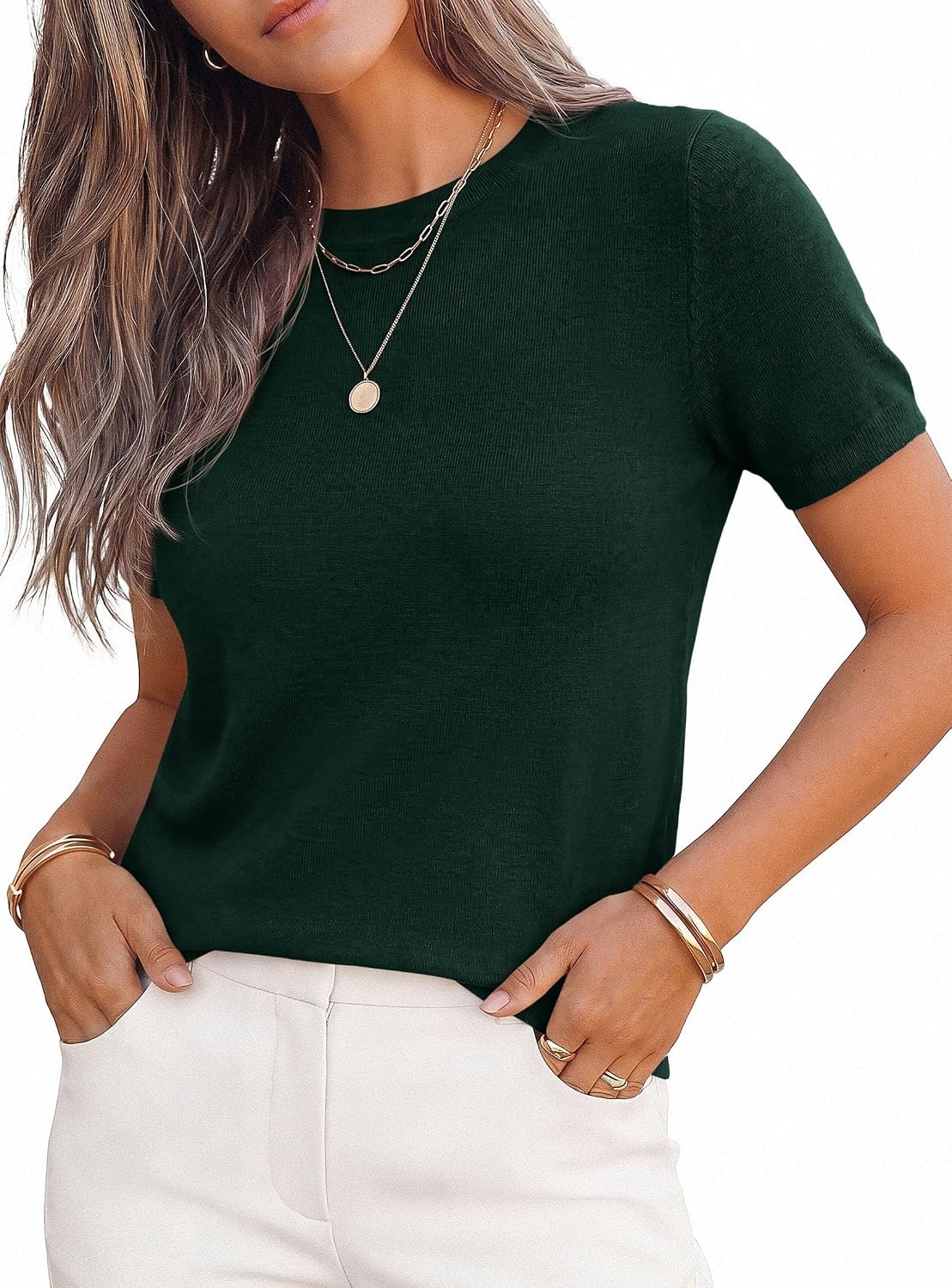 image:imagePRETTYGARDEN Womens Short Sleeve Sweaters 2026 Spring Crew Neck Knit Work Shirts Business Casual Tops Summer Fashion ClothesDark Green