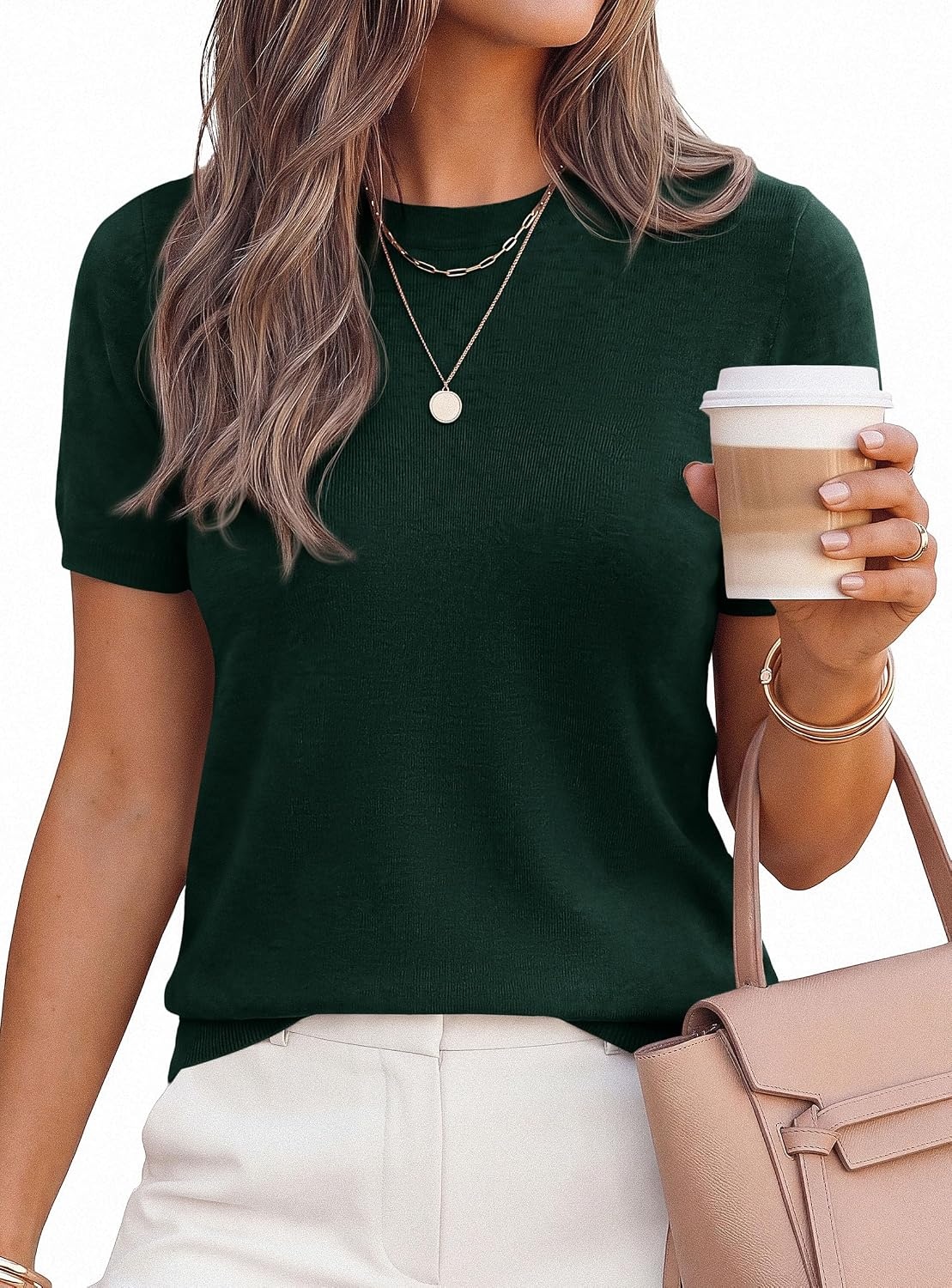 image:imagePRETTYGARDEN Womens Short Sleeve Sweaters 2026 Spring Crew Neck Knit Work Shirts Business Casual Tops Summer Fashion ClothesDark Green
