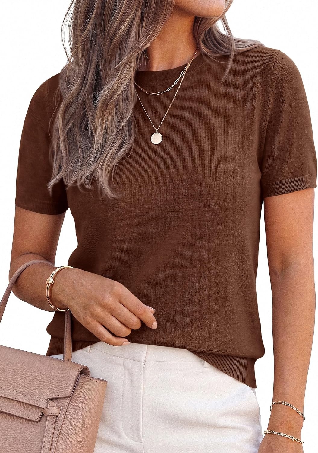 image:imagePRETTYGARDEN Womens Short Sleeve Sweaters 2026 Spring Crew Neck Knit Work Shirts Business Casual Tops Summer Fashion ClothesLight Brown