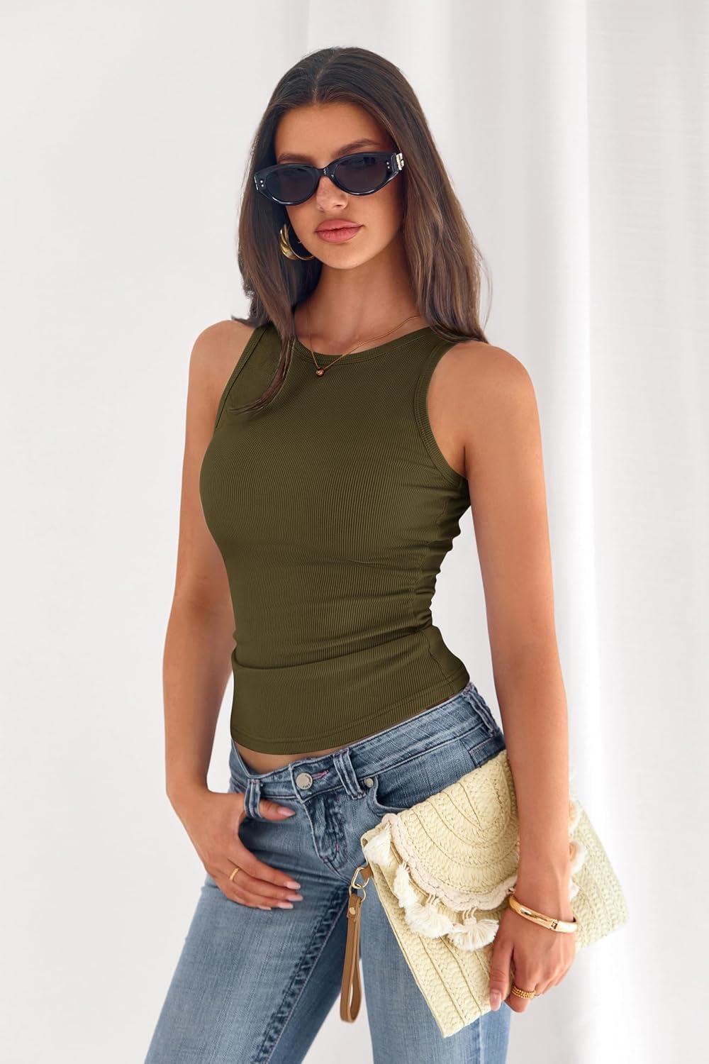 image:imagePRETTYGARDEN Womens Summer High Neck Ribbed Tank Tops Casual Basic Sleeveless Slim Fitted Racerback Workout T ShirtsArmy Green