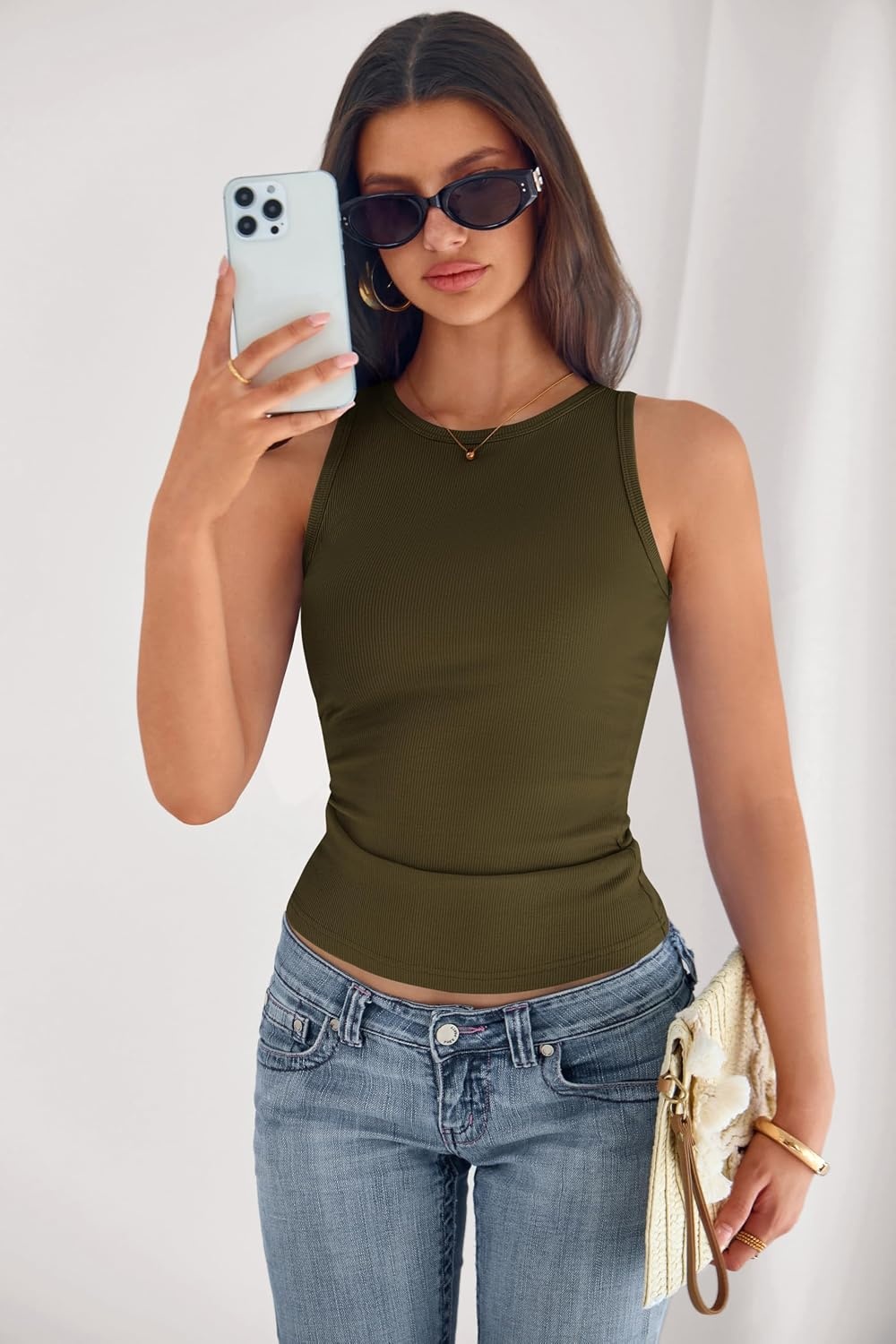 image:imagePRETTYGARDEN Womens Summer High Neck Ribbed Tank Tops Casual Basic Sleeveless Slim Fitted Racerback Workout T ShirtsArmy Green