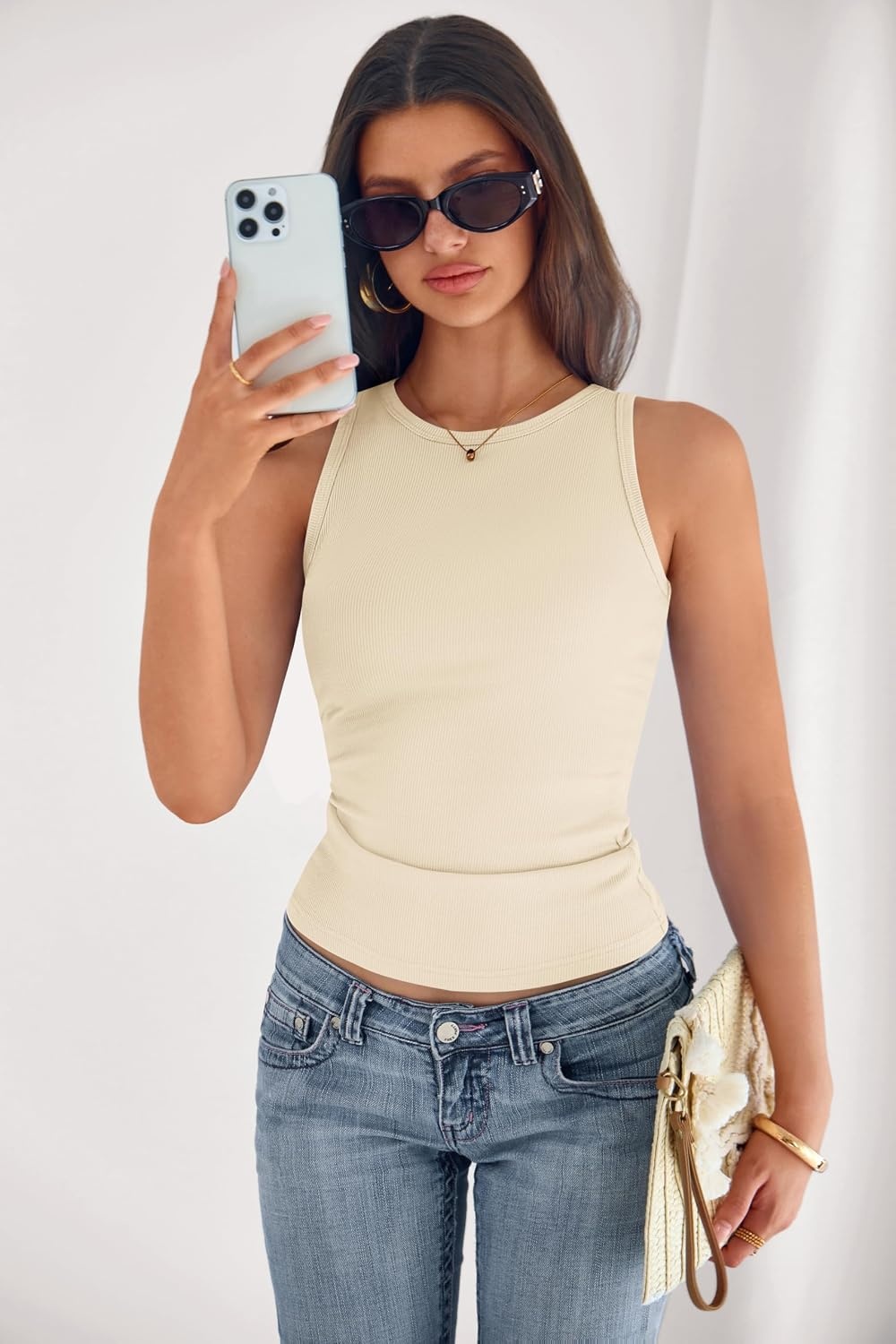 image:imagePRETTYGARDEN Womens Summer High Neck Ribbed Tank Tops Casual Basic Sleeveless Slim Fitted Racerback Workout T ShirtsBeige