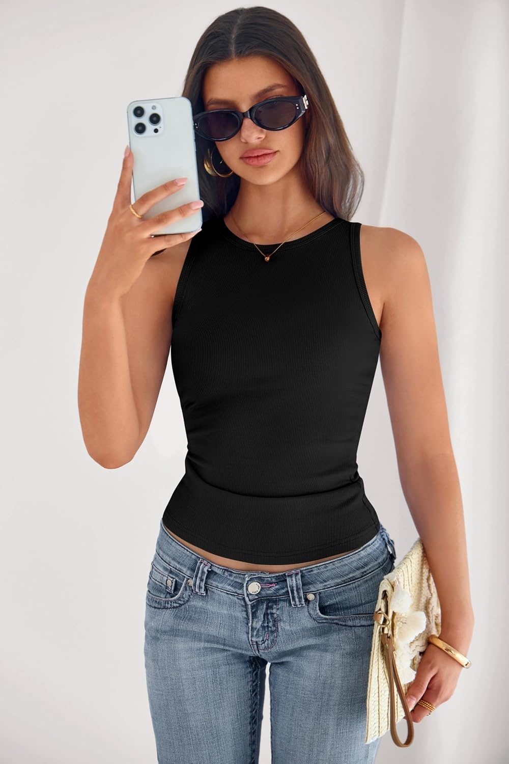 image:imagePRETTYGARDEN Womens Summer High Neck Ribbed Tank Tops Casual Basic Sleeveless Slim Fitted Racerback Workout T ShirtsBlack