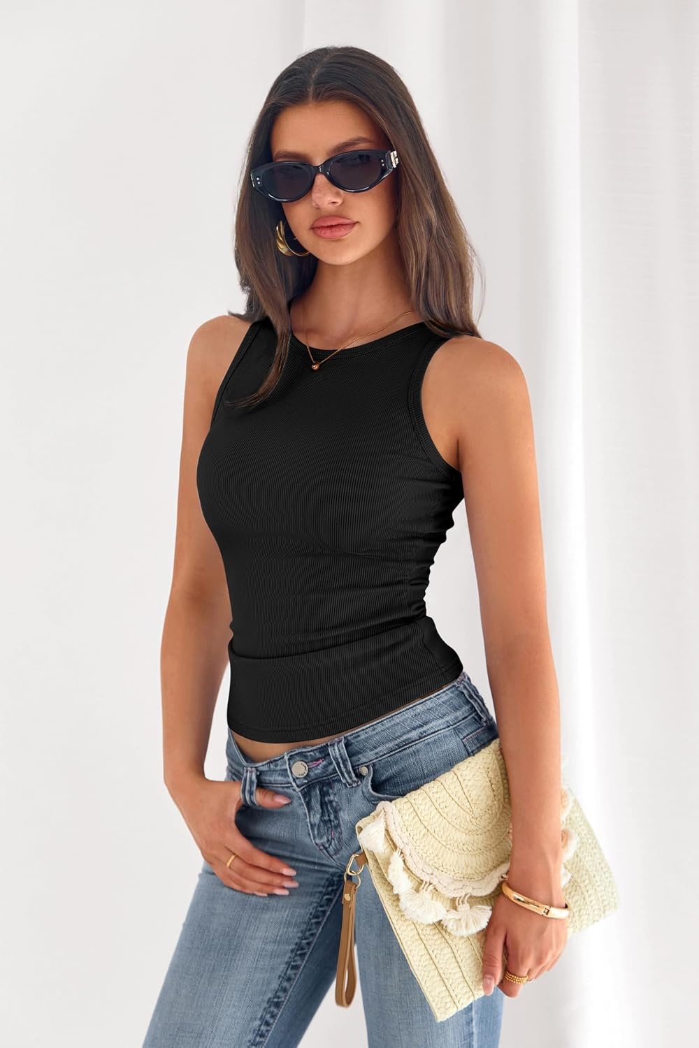 image:imagePRETTYGARDEN Womens Summer High Neck Ribbed Tank Tops Casual Basic Sleeveless Slim Fitted Racerback Workout T ShirtsBlack