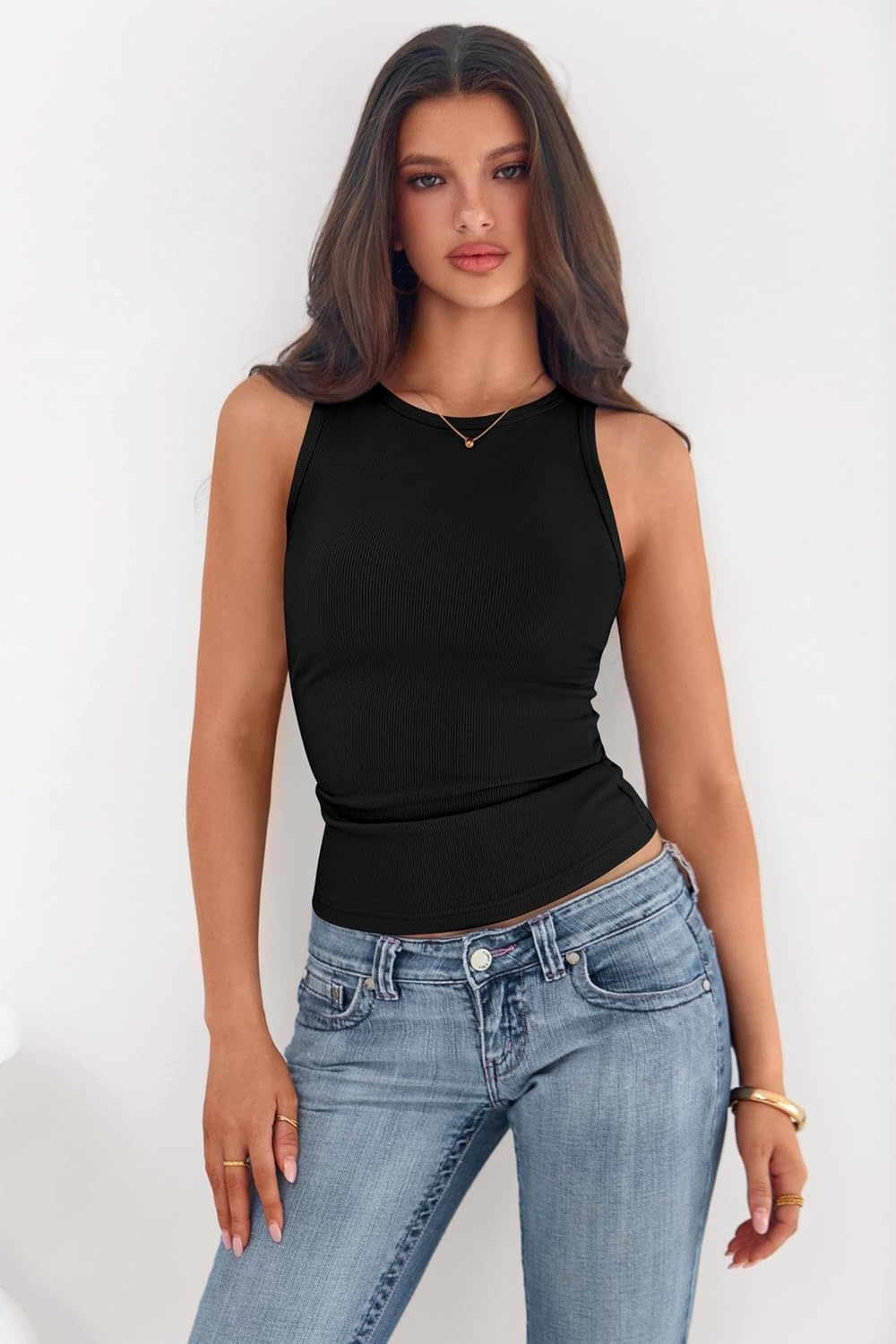 image:imagePRETTYGARDEN Womens Summer High Neck Ribbed Tank Tops Casual Basic Sleeveless Slim Fitted Racerback Workout T ShirtsBlack