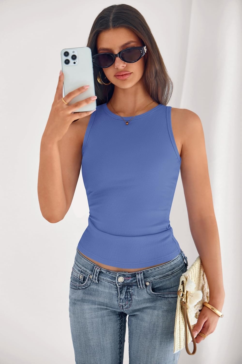 image:imagePRETTYGARDEN Womens Summer High Neck Ribbed Tank Tops Casual Basic Sleeveless Slim Fitted Racerback Workout T ShirtsBlue