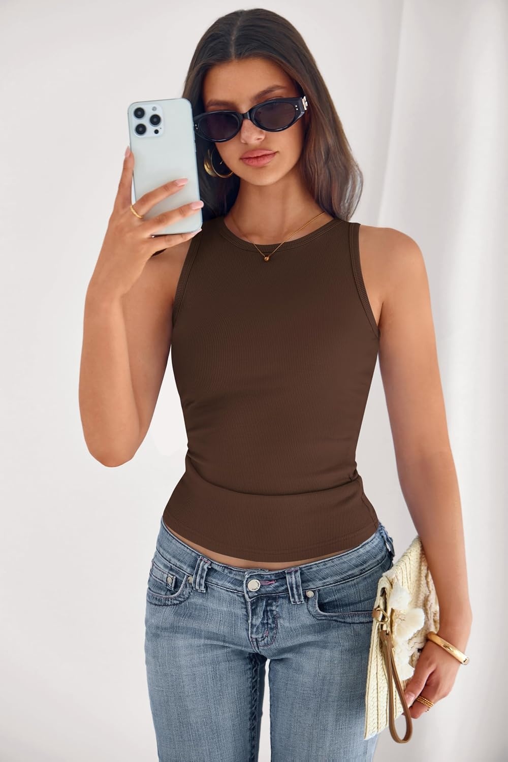 image:imagePRETTYGARDEN Womens Summer High Neck Ribbed Tank Tops Casual Basic Sleeveless Slim Fitted Racerback Workout T ShirtsBrown