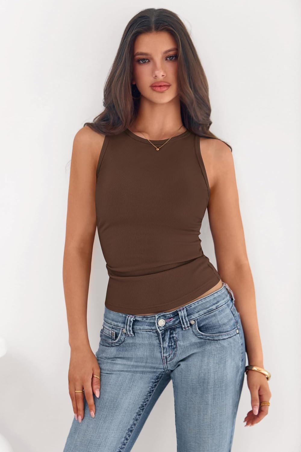 image:imagePRETTYGARDEN Womens Summer High Neck Ribbed Tank Tops Casual Basic Sleeveless Slim Fitted Racerback Workout T ShirtsBrown