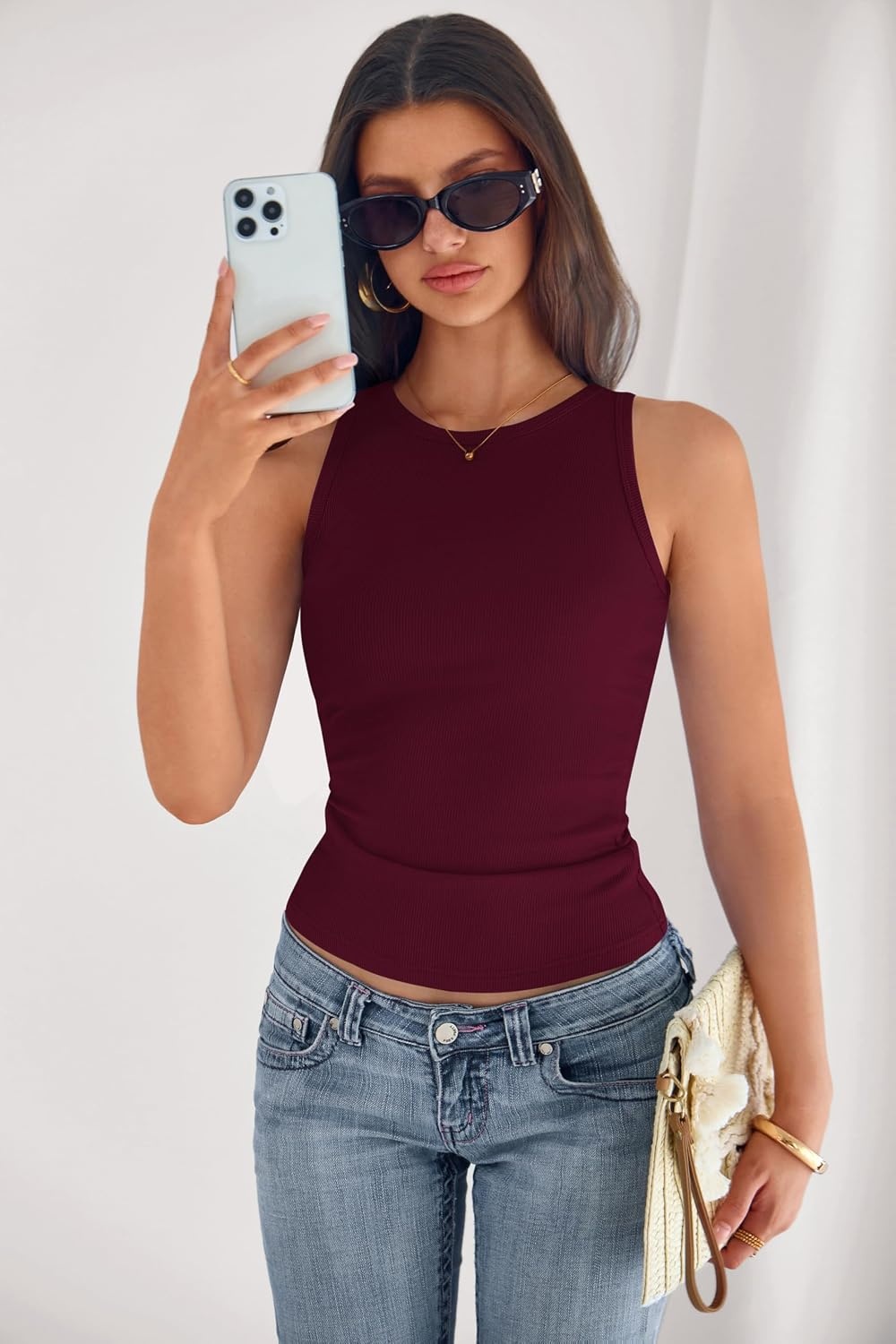 image:imagePRETTYGARDEN Womens Summer High Neck Ribbed Tank Tops Casual Basic Sleeveless Slim Fitted Racerback Workout T ShirtsBurgundy
