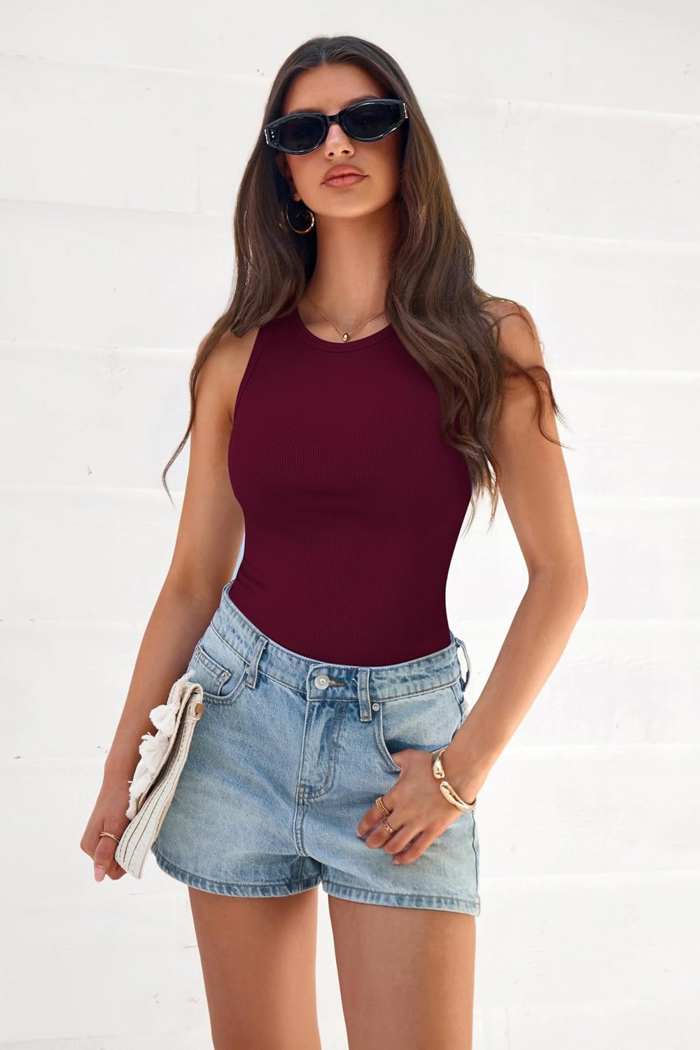 image:imagePRETTYGARDEN Womens Summer High Neck Ribbed Tank Tops Casual Basic Sleeveless Slim Fitted Racerback Workout T ShirtsBurgundy