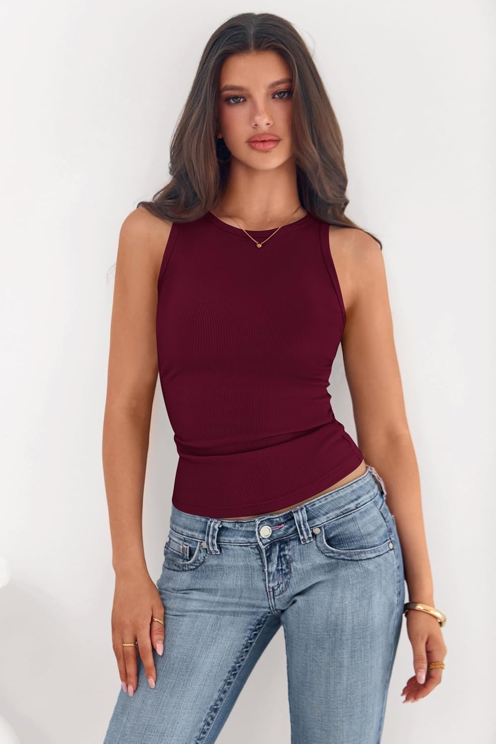 image:imagePRETTYGARDEN Womens Summer High Neck Ribbed Tank Tops Casual Basic Sleeveless Slim Fitted Racerback Workout T ShirtsBurgundy