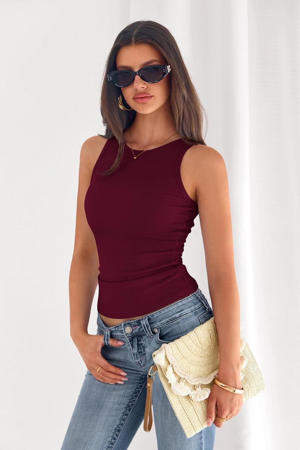 image:imagePRETTYGARDEN Womens Summer High Neck Ribbed Tank Tops Casual Basic Sleeveless Slim Fitted Racerback Workout T ShirtsBurgundy