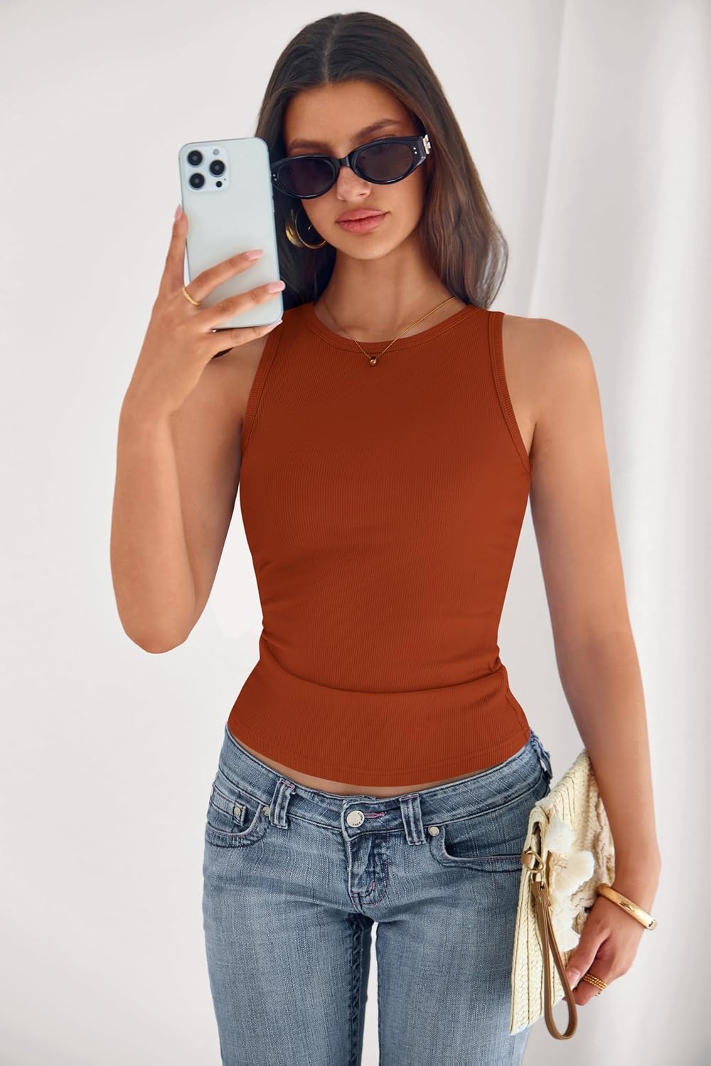 image:imagePRETTYGARDEN Womens Summer High Neck Ribbed Tank Tops Casual Basic Sleeveless Slim Fitted Racerback Workout T ShirtsBurnt Orange