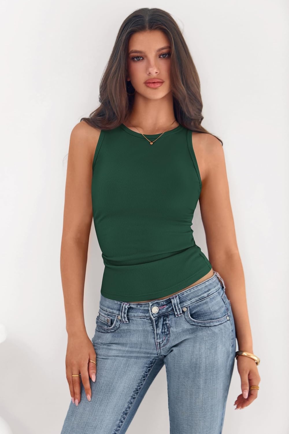 image:imagePRETTYGARDEN Womens Summer High Neck Ribbed Tank Tops Casual Basic Sleeveless Slim Fitted Racerback Workout T ShirtsDark Green