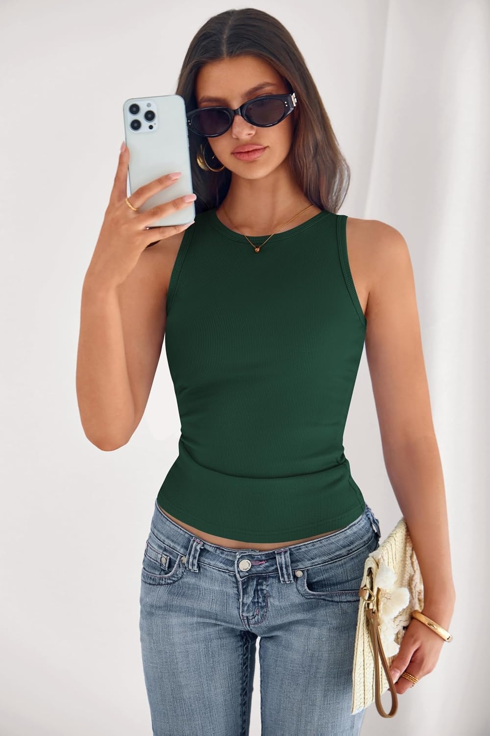 image:imagePRETTYGARDEN Womens Summer High Neck Ribbed Tank Tops Casual Basic Sleeveless Slim Fitted Racerback Workout T ShirtsDark Green