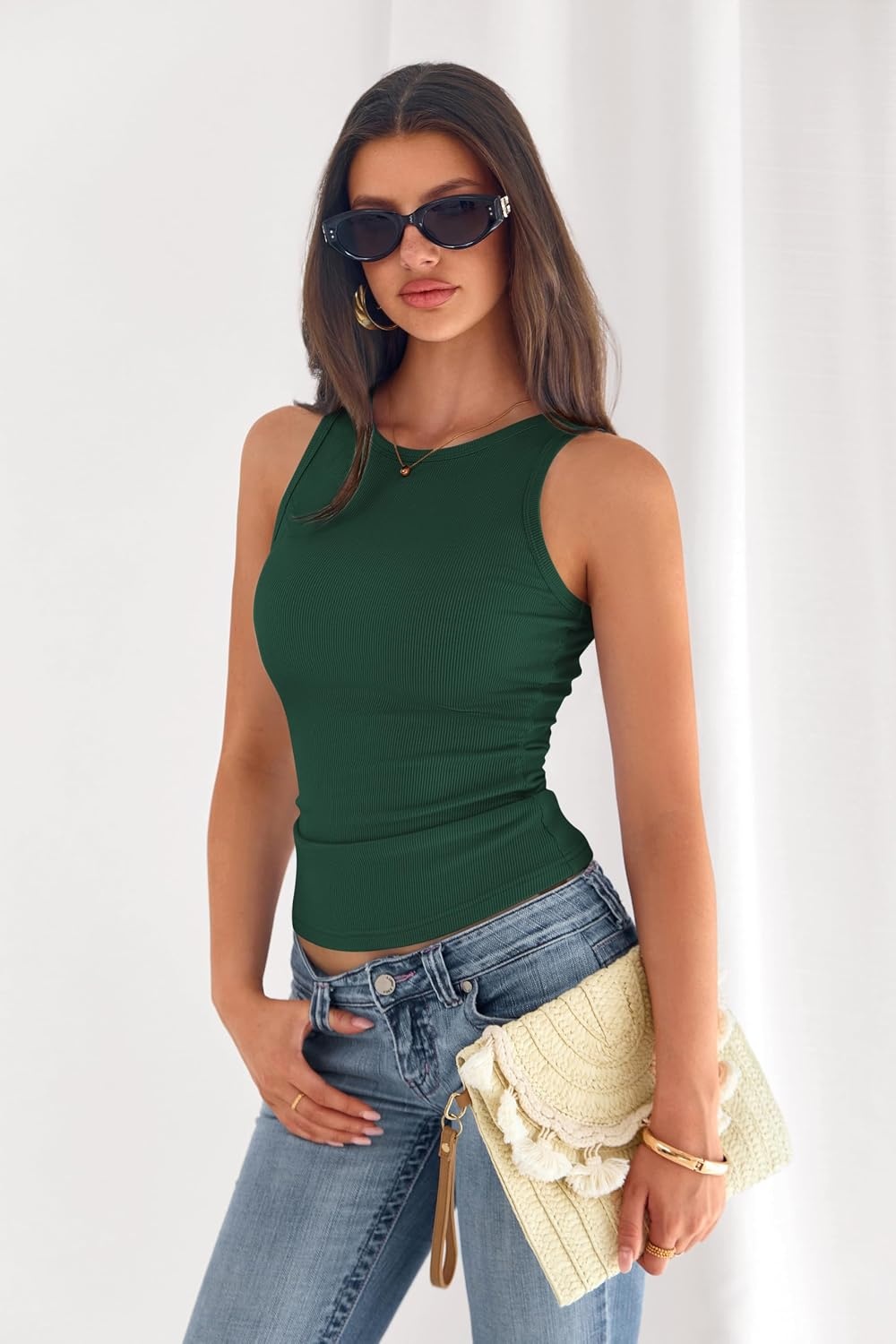 image:imagePRETTYGARDEN Womens Summer High Neck Ribbed Tank Tops Casual Basic Sleeveless Slim Fitted Racerback Workout T ShirtsDark Green