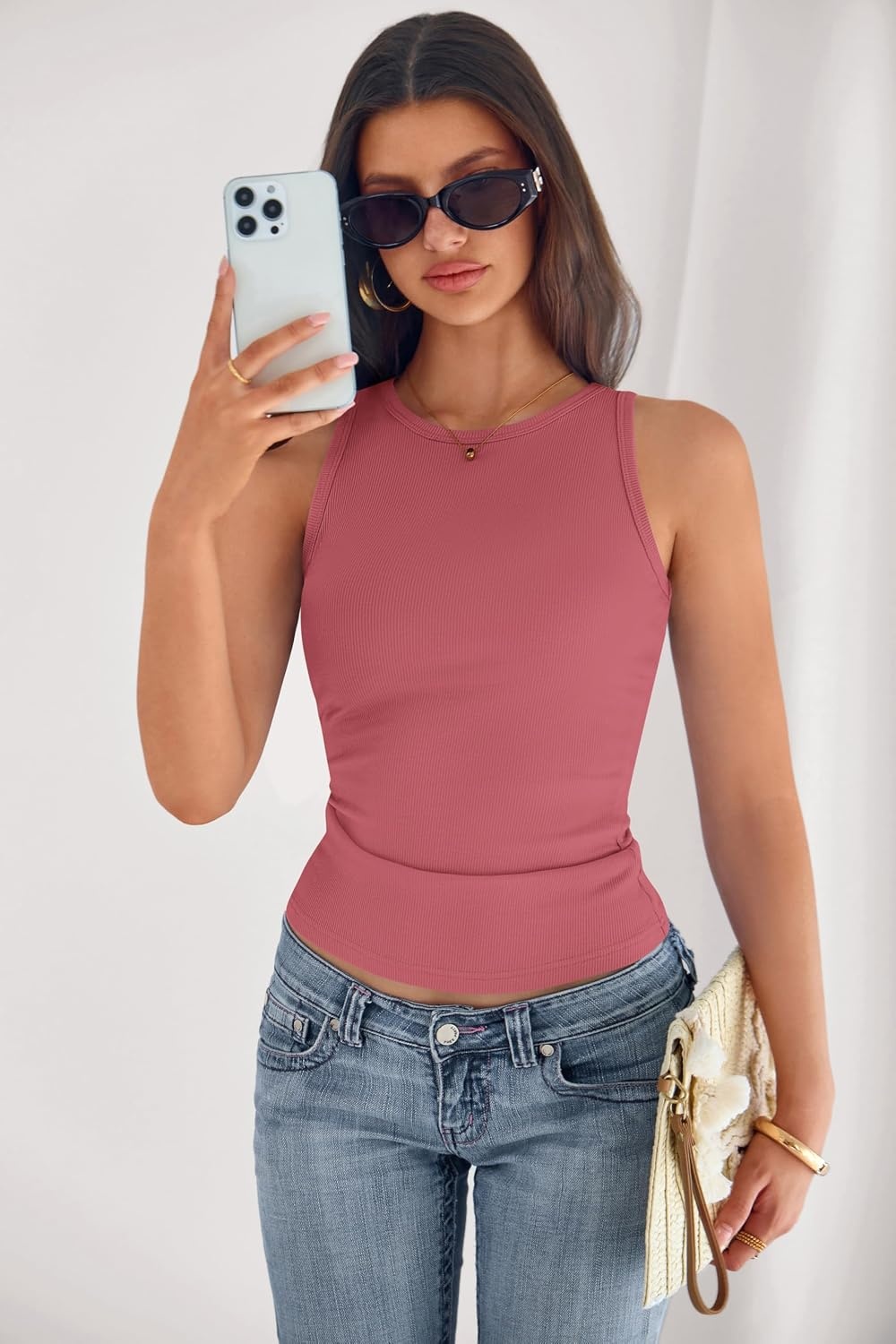 image:imagePRETTYGARDEN Womens Summer High Neck Ribbed Tank Tops Casual Basic Sleeveless Slim Fitted Racerback Workout T ShirtsDusty Pink