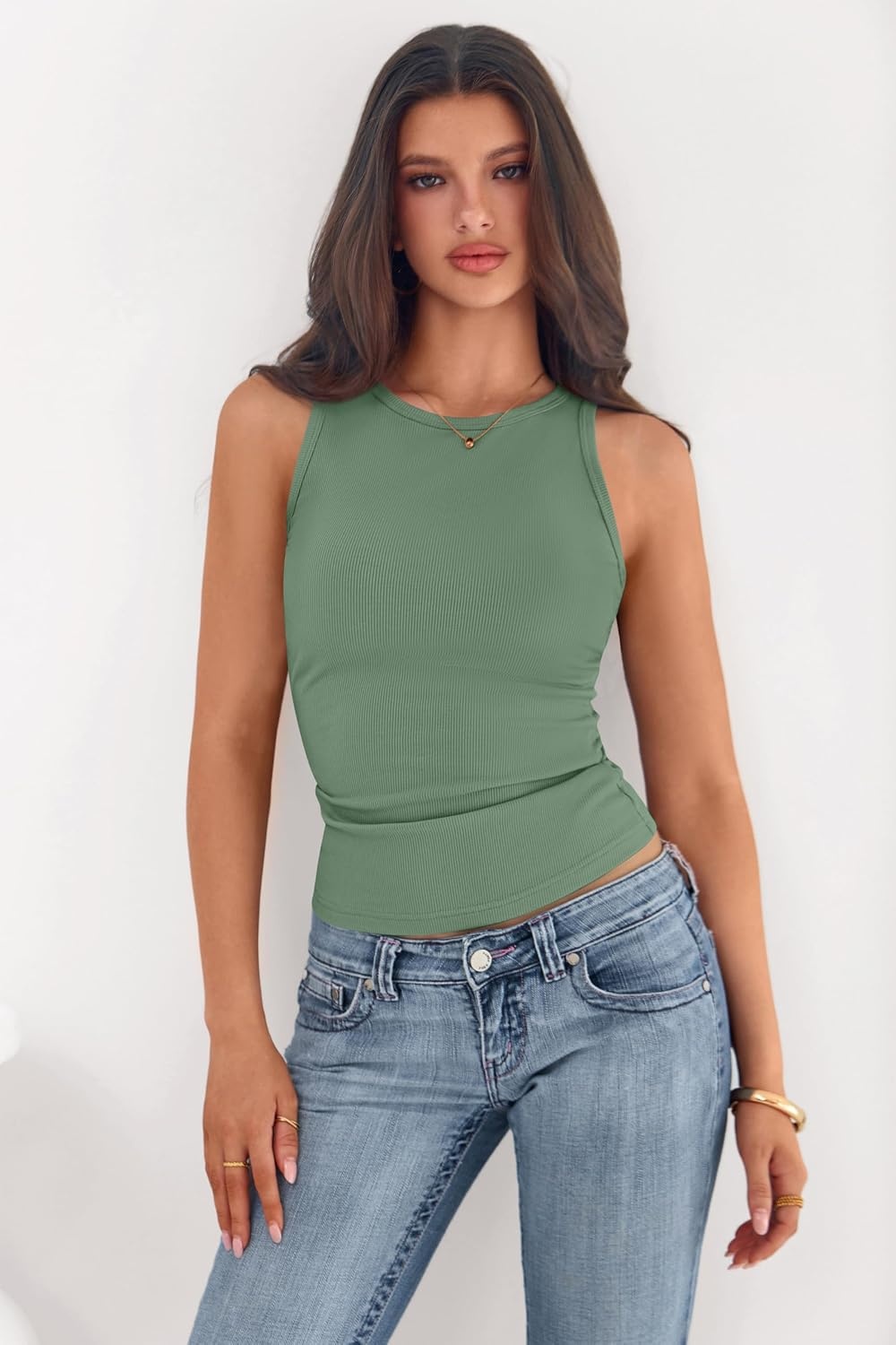 image:imagePRETTYGARDEN Womens Summer High Neck Ribbed Tank Tops Casual Basic Sleeveless Slim Fitted Racerback Workout T ShirtsGrey Green