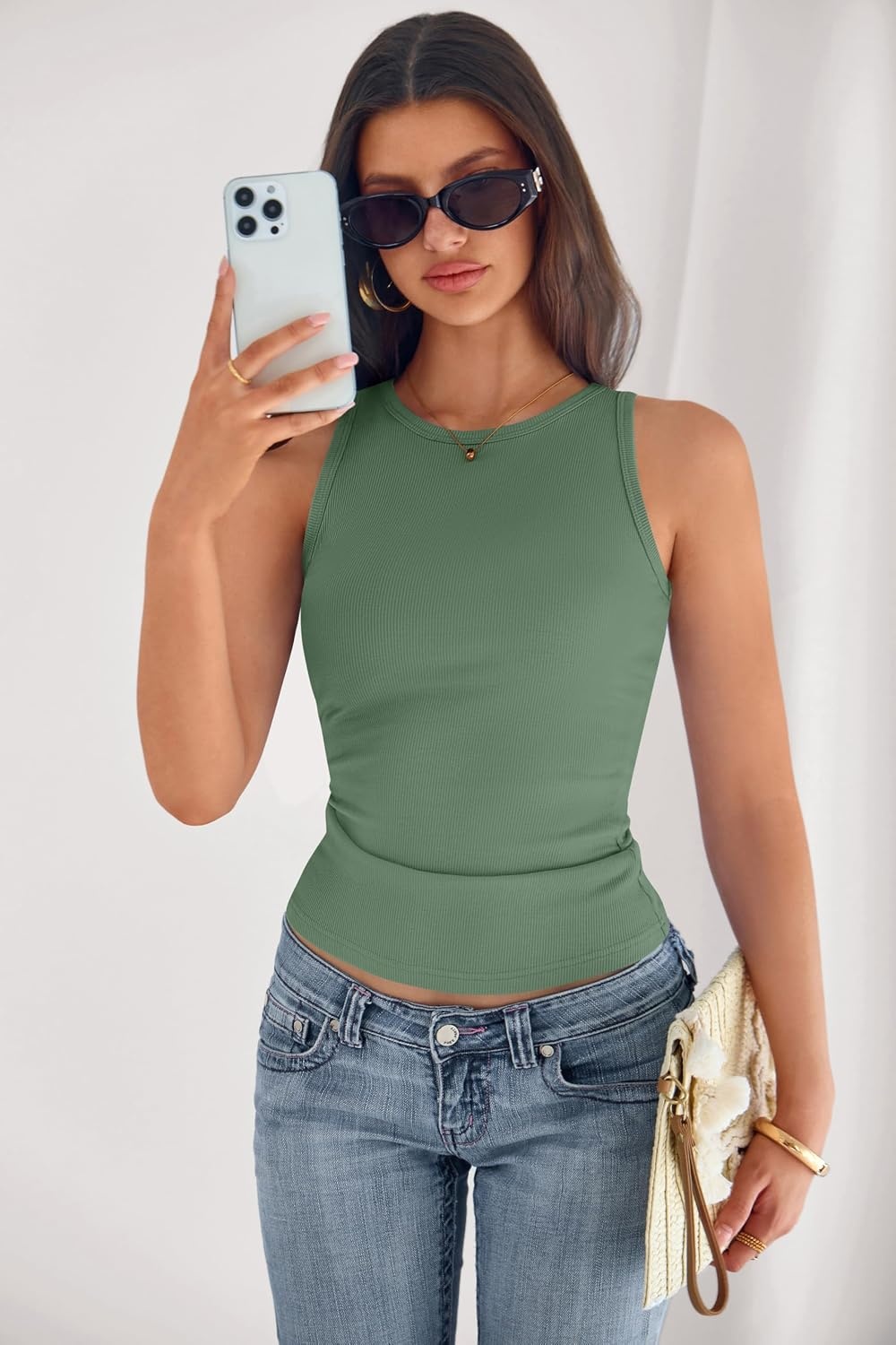 image:imagePRETTYGARDEN Womens Summer High Neck Ribbed Tank Tops Casual Basic Sleeveless Slim Fitted Racerback Workout T ShirtsGrey Green
