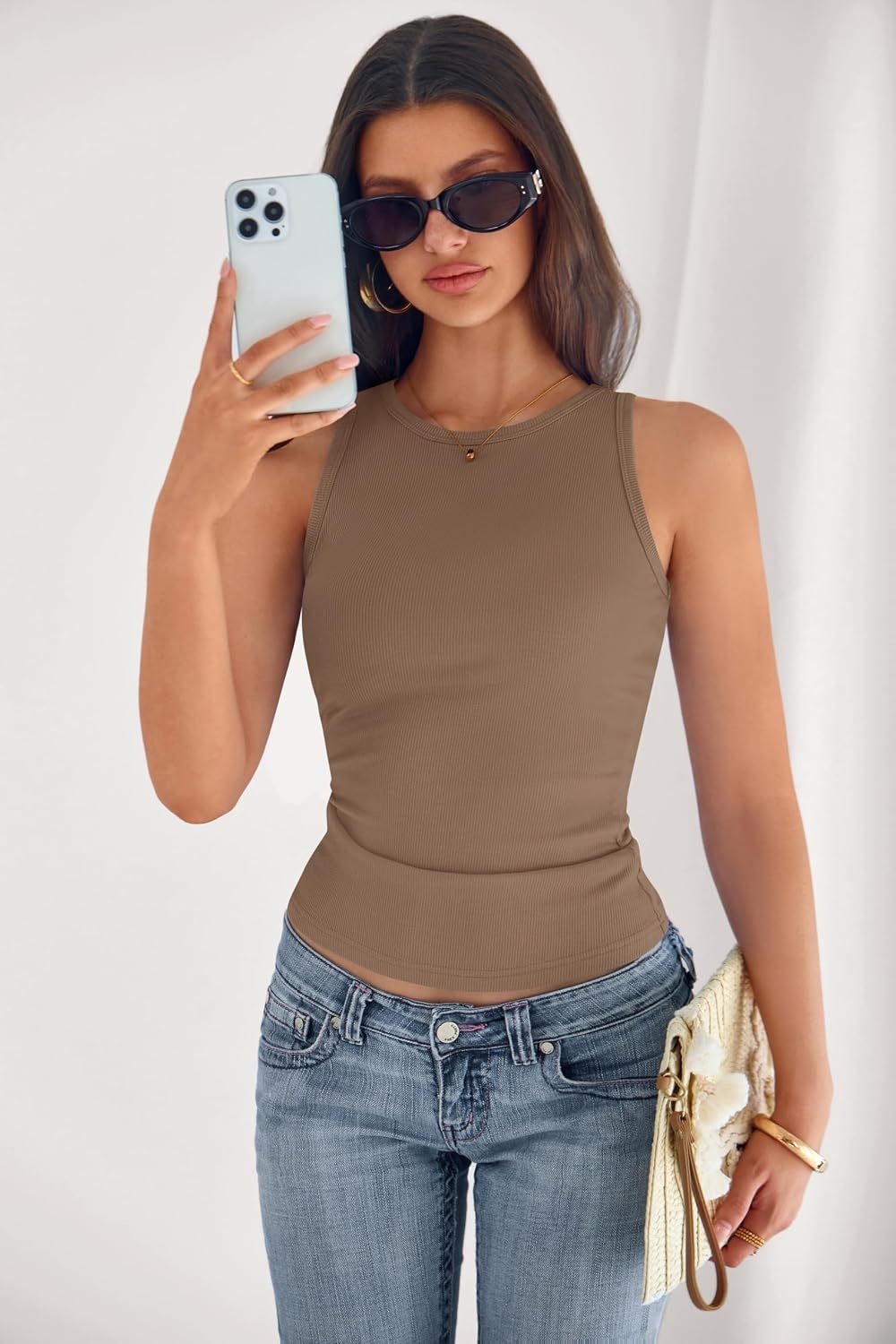 image:imagePRETTYGARDEN Womens Summer High Neck Ribbed Tank Tops Casual Basic Sleeveless Slim Fitted Racerback Workout T ShirtsKhaki