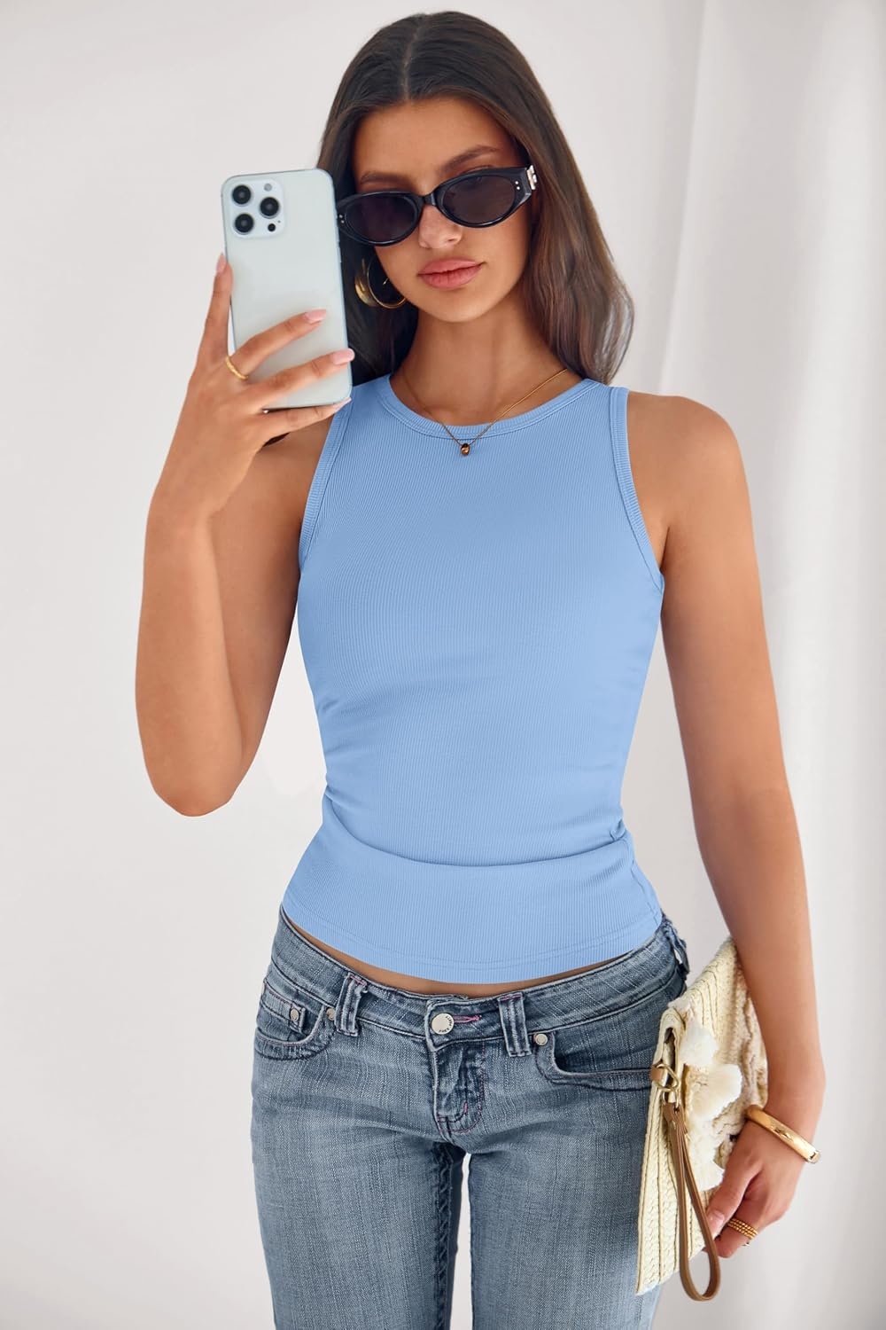 image:imagePRETTYGARDEN Womens Summer High Neck Ribbed Tank Tops Casual Basic Sleeveless Slim Fitted Racerback Workout T ShirtsLight Blue