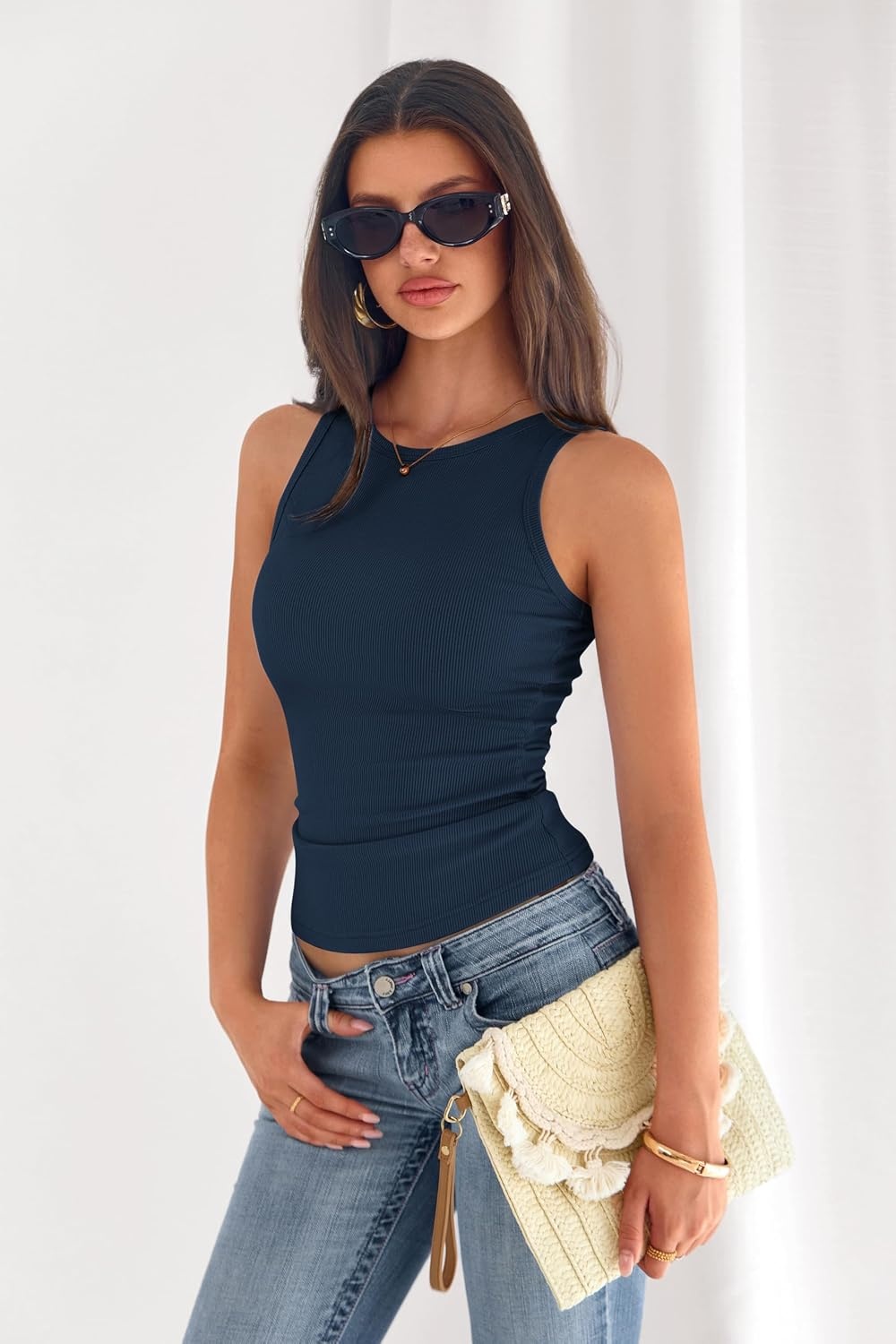 image:imagePRETTYGARDEN Womens Summer High Neck Ribbed Tank Tops Casual Basic Sleeveless Slim Fitted Racerback Workout T ShirtsNavy Blue