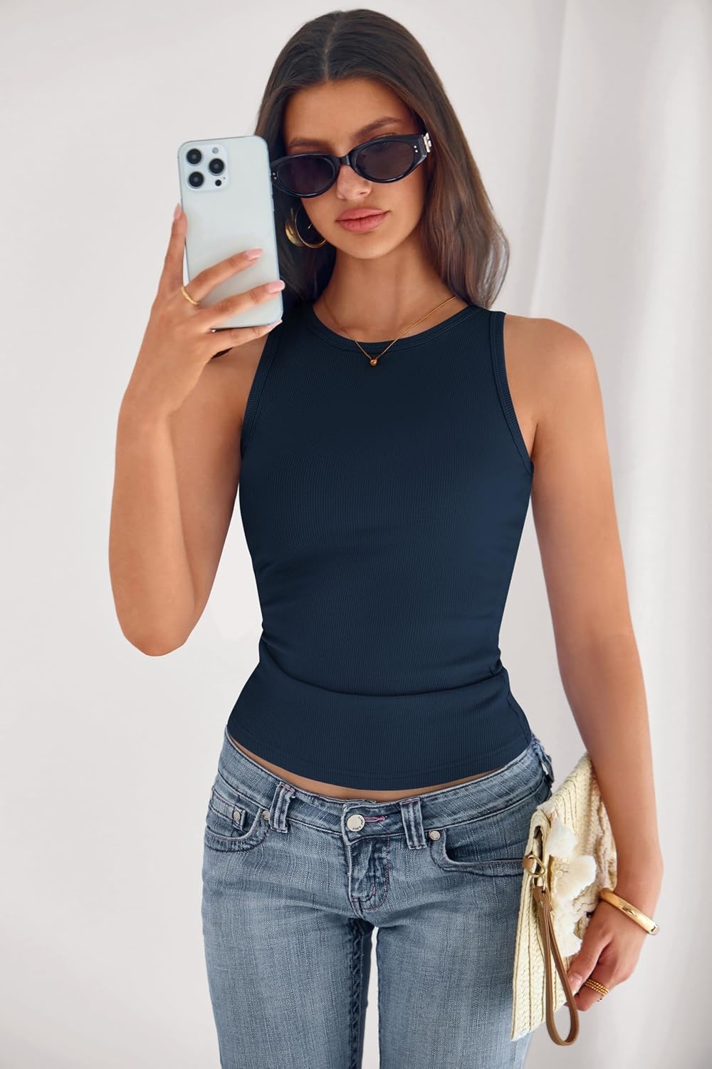 image:imagePRETTYGARDEN Womens Summer High Neck Ribbed Tank Tops Casual Basic Sleeveless Slim Fitted Racerback Workout T ShirtsNavy Blue