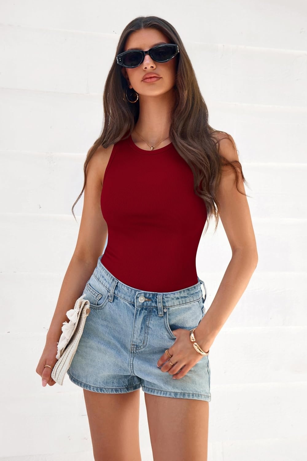 image:imagePRETTYGARDEN Womens Summer High Neck Ribbed Tank Tops Casual Basic Sleeveless Slim Fitted Racerback Workout T ShirtsRed