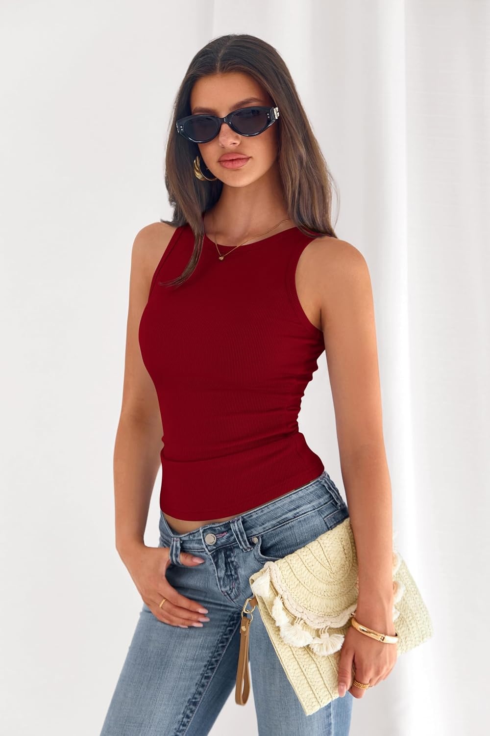 image:imagePRETTYGARDEN Womens Summer High Neck Ribbed Tank Tops Casual Basic Sleeveless Slim Fitted Racerback Workout T ShirtsRed