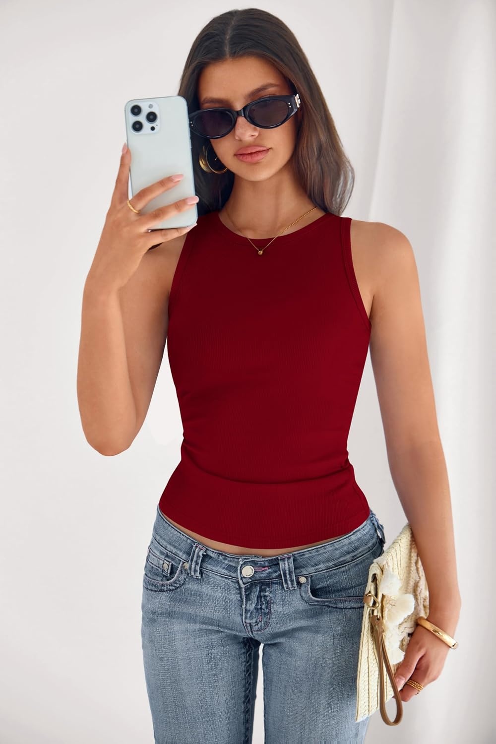 image:imagePRETTYGARDEN Womens Summer High Neck Ribbed Tank Tops Casual Basic Sleeveless Slim Fitted Racerback Workout T ShirtsRed