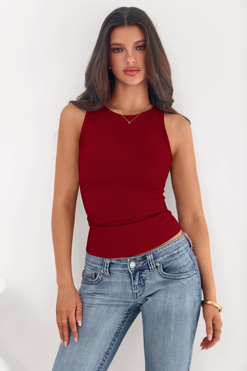 image:imagePRETTYGARDEN Womens Summer High Neck Ribbed Tank Tops Casual Basic Sleeveless Slim Fitted Racerback Workout T ShirtsRed