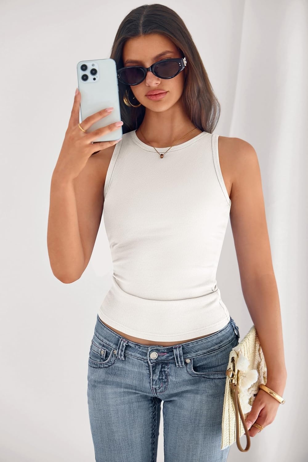 image:imagePRETTYGARDEN Womens Summer High Neck Ribbed Tank Tops Casual Basic Sleeveless Slim Fitted Racerback Workout T ShirtsWhite