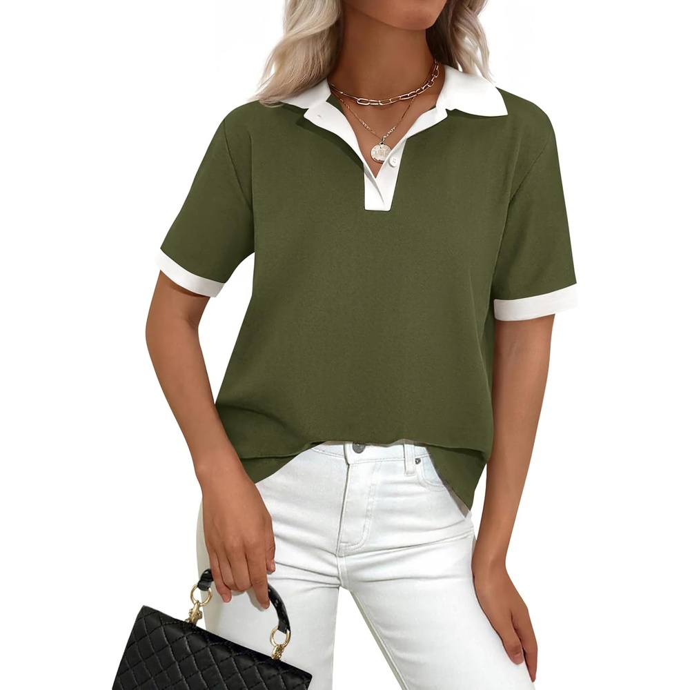 image:imagePRETTYGARDEN Summer Short Sleeve Polo Shirts for Women Collared V Neck Work Dressy Tops Knit Loose Business Casual OutfitsArmy Green