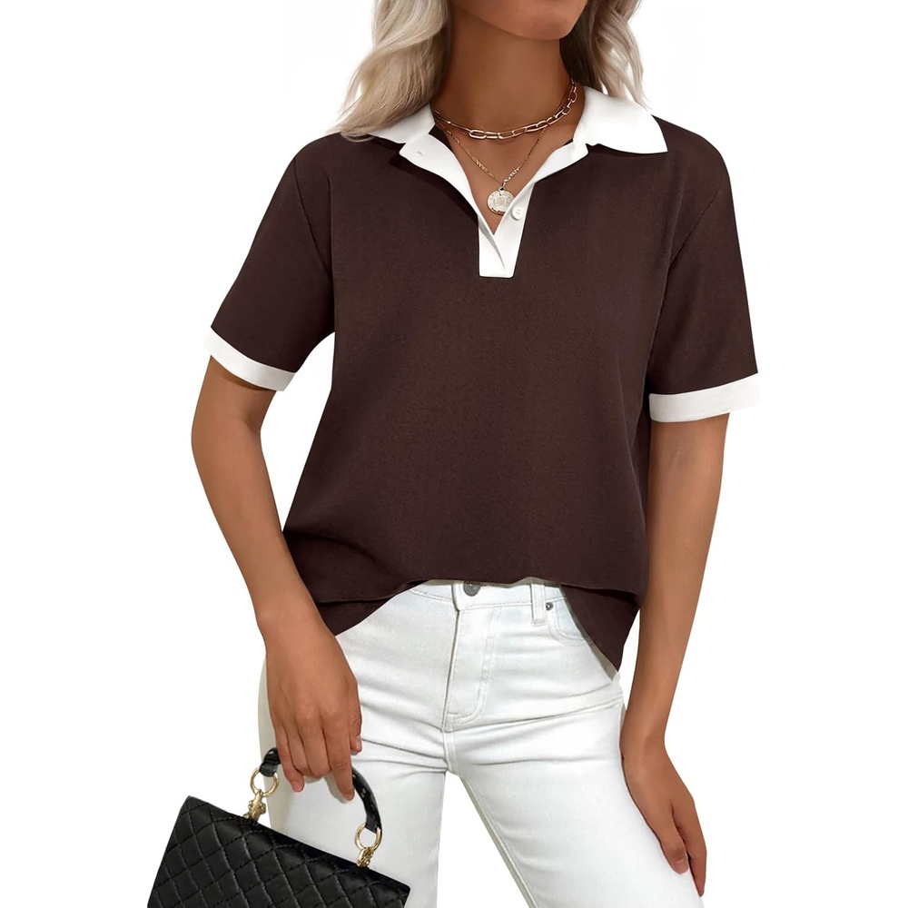 image:imagePRETTYGARDEN Summer Short Sleeve Polo Shirts for Women Collared V Neck Work Dressy Tops Knit Loose Business Casual OutfitsBrown