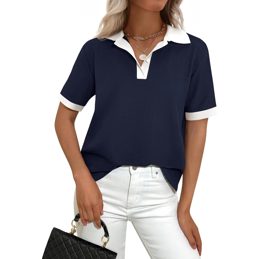 image:imagePRETTYGARDEN Summer Short Sleeve Polo Shirts for Women Collared V Neck Work Dressy Tops Knit Loose Business Casual OutfitsNavy
