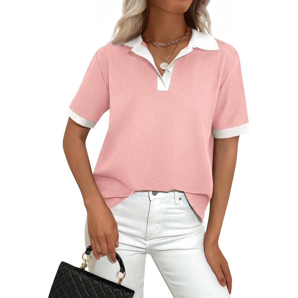 image:imagePRETTYGARDEN Summer Short Sleeve Polo Shirts for Women Collared V Neck Work Dressy Tops Knit Loose Business Casual OutfitsPink