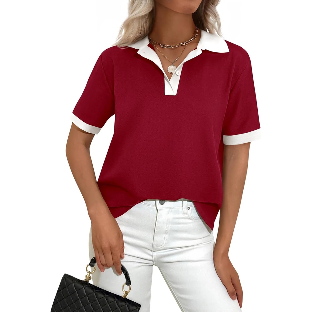 image:imagePRETTYGARDEN Summer Short Sleeve Polo Shirts for Women Collared V Neck Work Dressy Tops Knit Loose Business Casual OutfitsRed