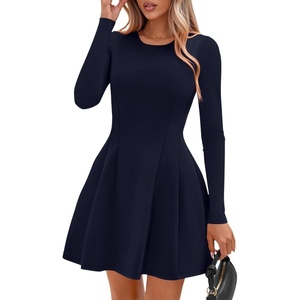 PRETTYGARDEN Long Sleeve Mini Dress for Women 2026 Spring Crewneck Knit Pleated Babydoll A Line Casual Short Party Dresses(Navy)