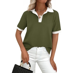 PRETTYGARDEN Summer Short Sleeve Polo Shirts for Women Collared V Neck Work Dressy Tops Knit Loose Business Casual Outfits(Army Green)